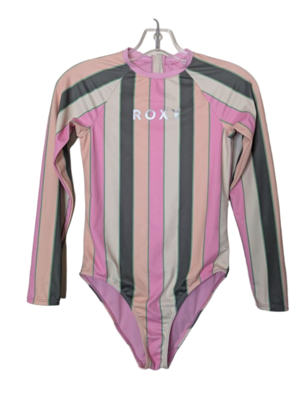 Girls ROXY 14 Pink Gray Striped Long Sleeve Rashguard Swimsuit